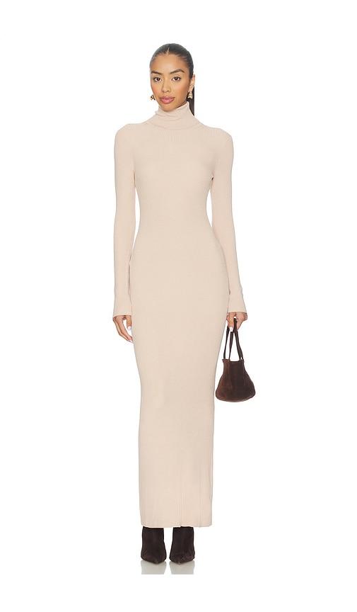 enza costa turtleneck dress in beige.