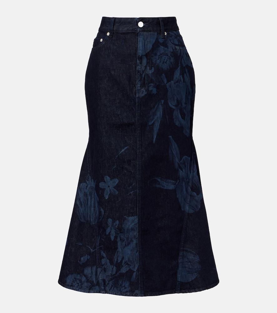 erdem floral flared denim midi skirt