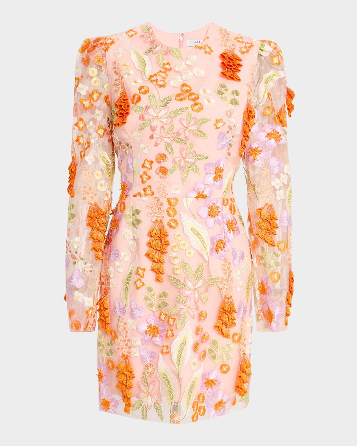 erika puff-shoulder floral applique mini dress