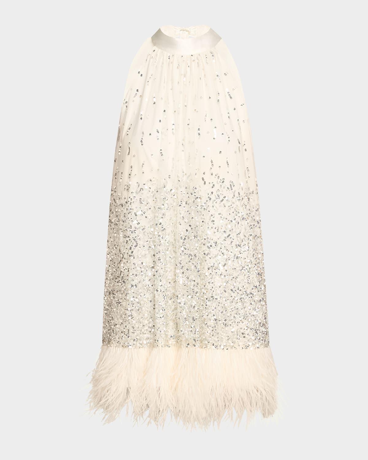 erna sequined feather-trim mini dress