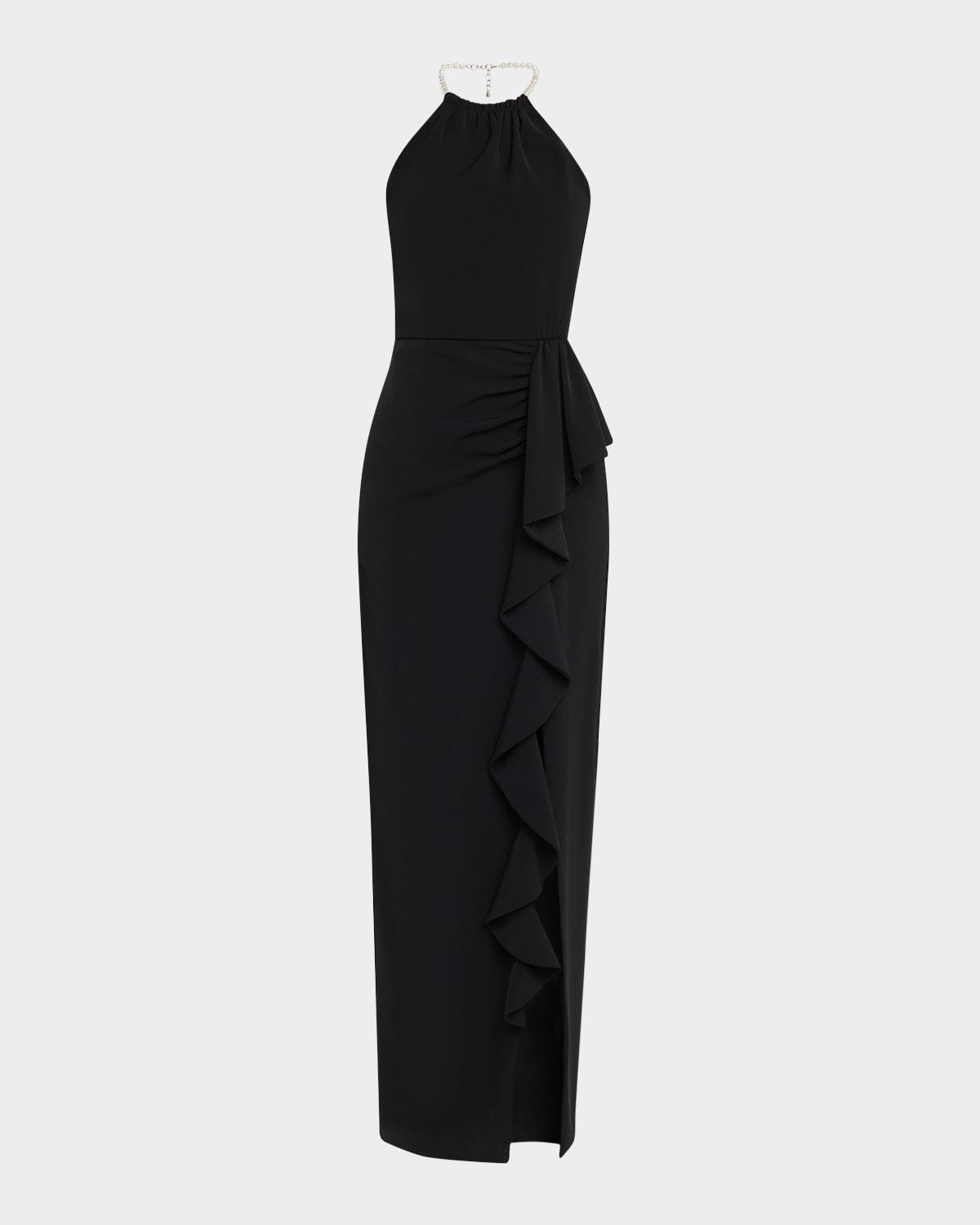 erwen beaded-strap ruffle halter gown