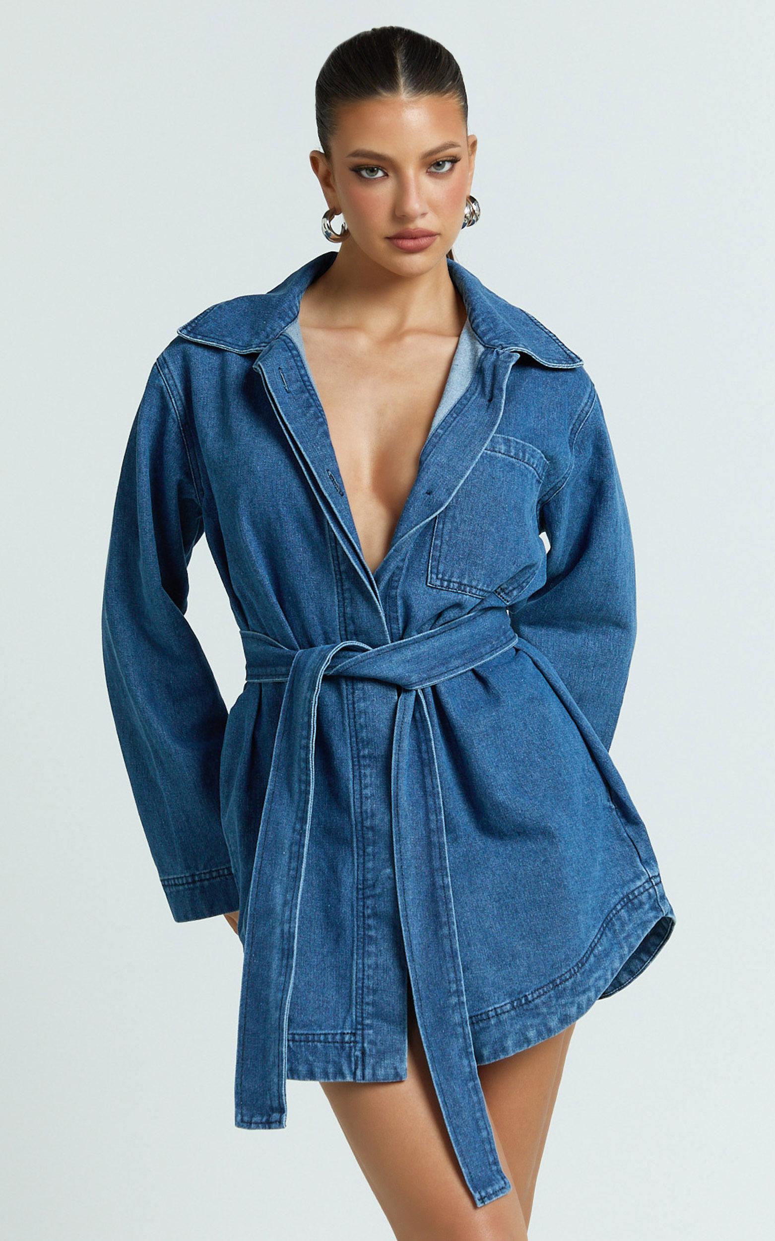 esme mini dress - denim shirt dress with detachable belt in dark mid blue