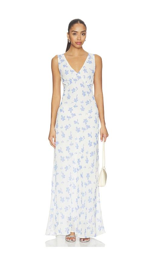 especia ainaloa long dress in white,blue.