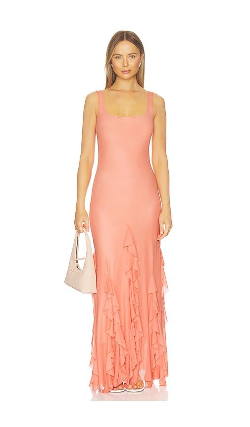 especia radiant peach long dress in coral.