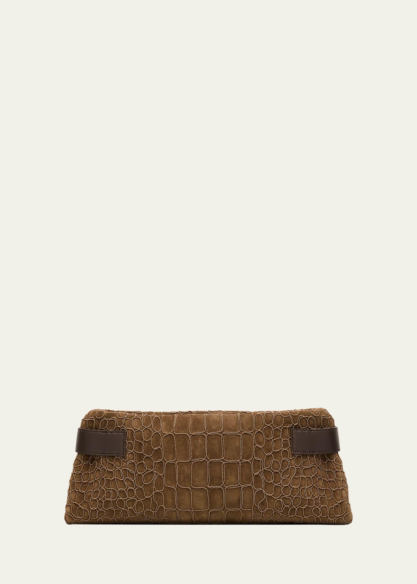 essense bead-embroidered suede clutch bag