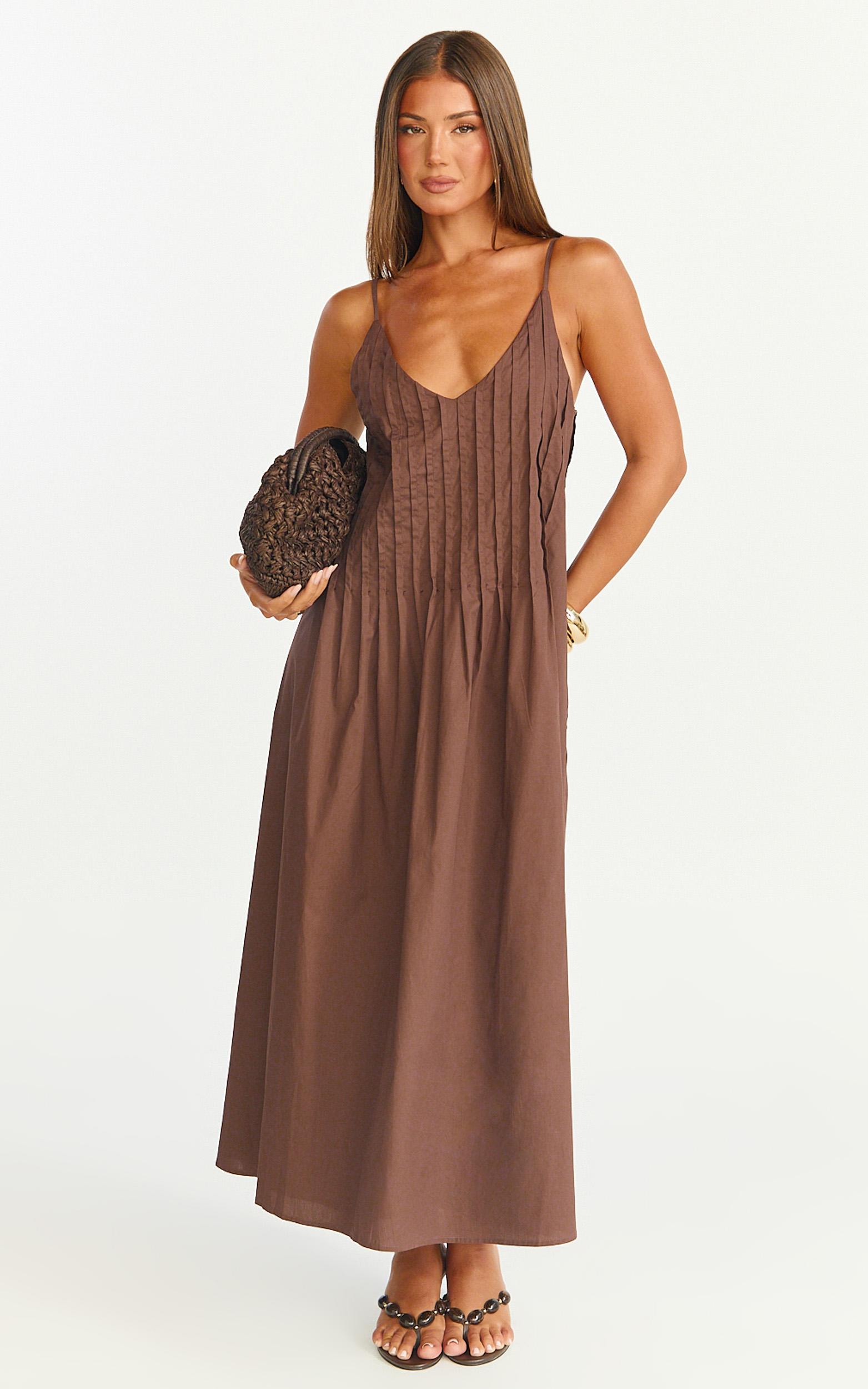 estelle maxi dress - v neck pleated dress in chocolate
