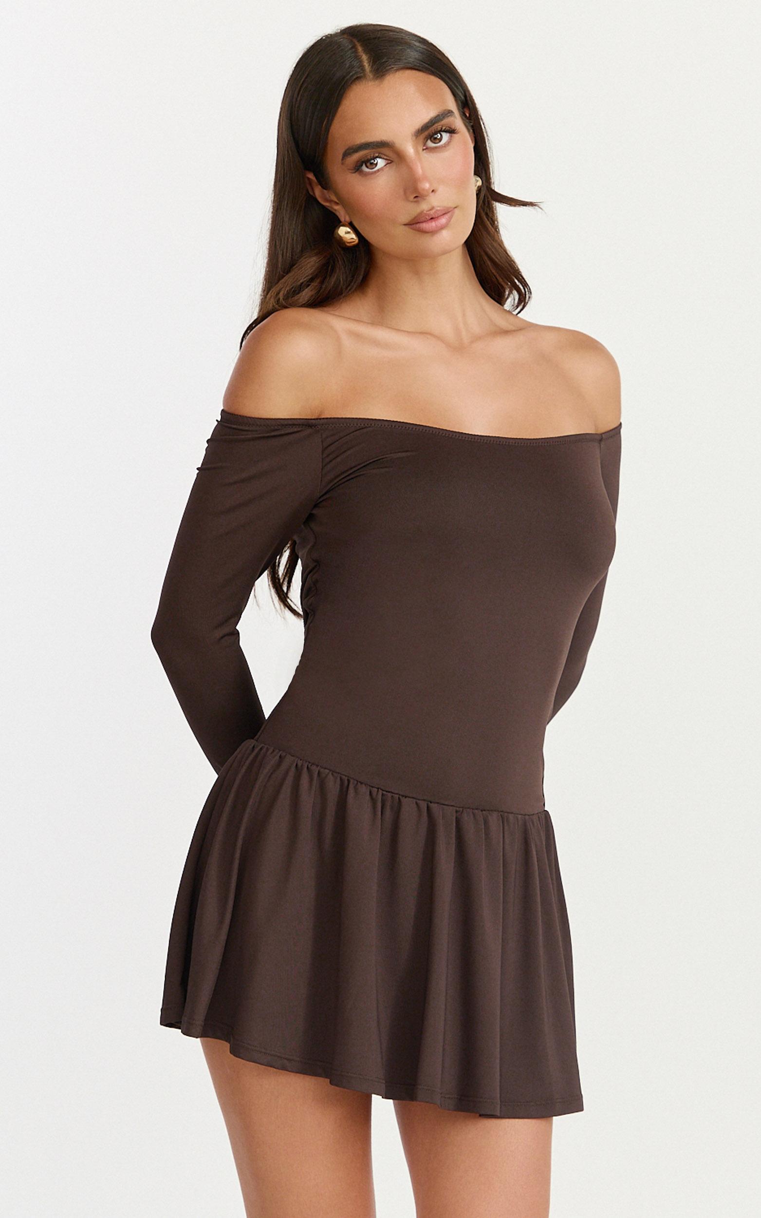 estelle mini dress - off shoulder long sleeve drop waist dress in dark chocolate