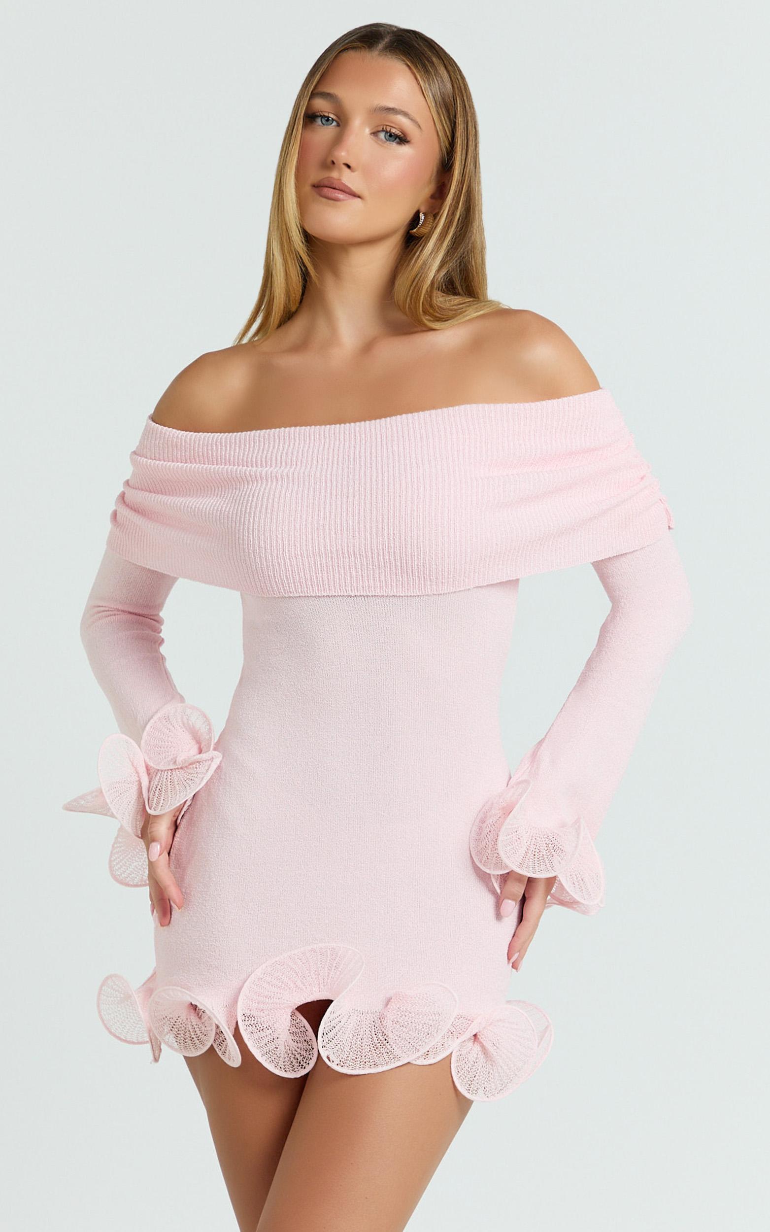 estelle mini dress - off shoulder long sleeve frilled hem fitted dress in baby pink