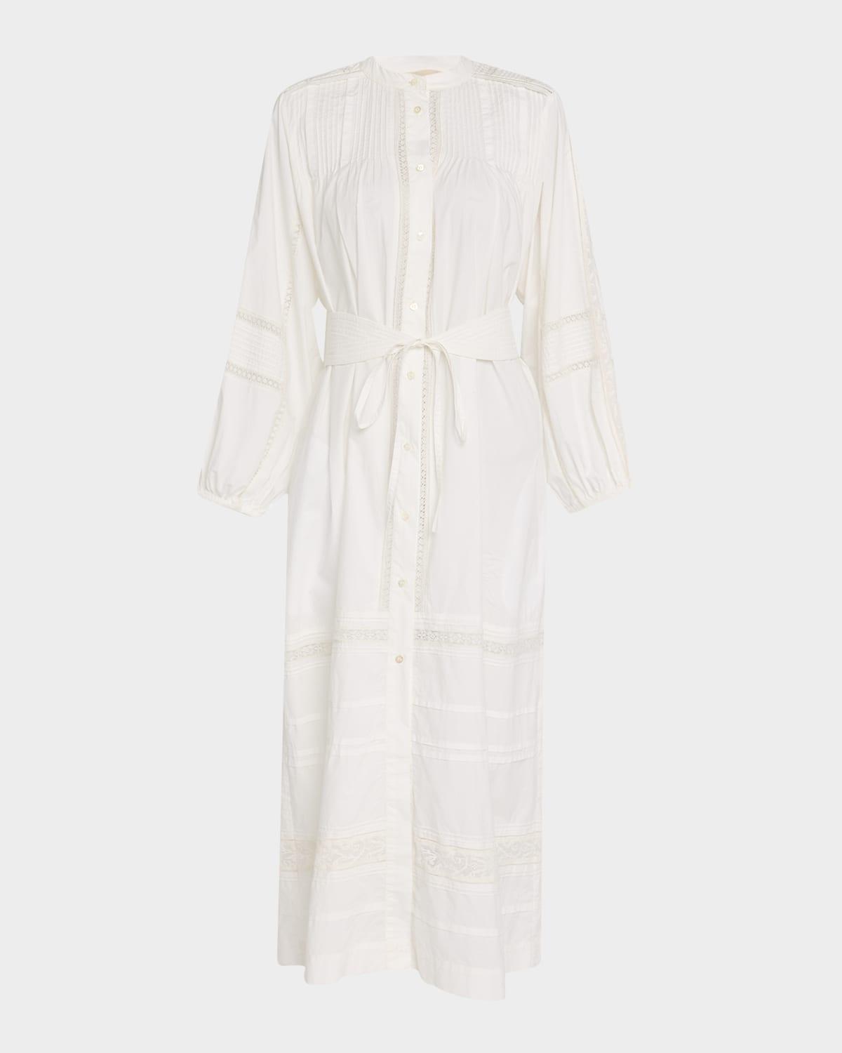 estrella pintuck lace-trim cotton midi dress