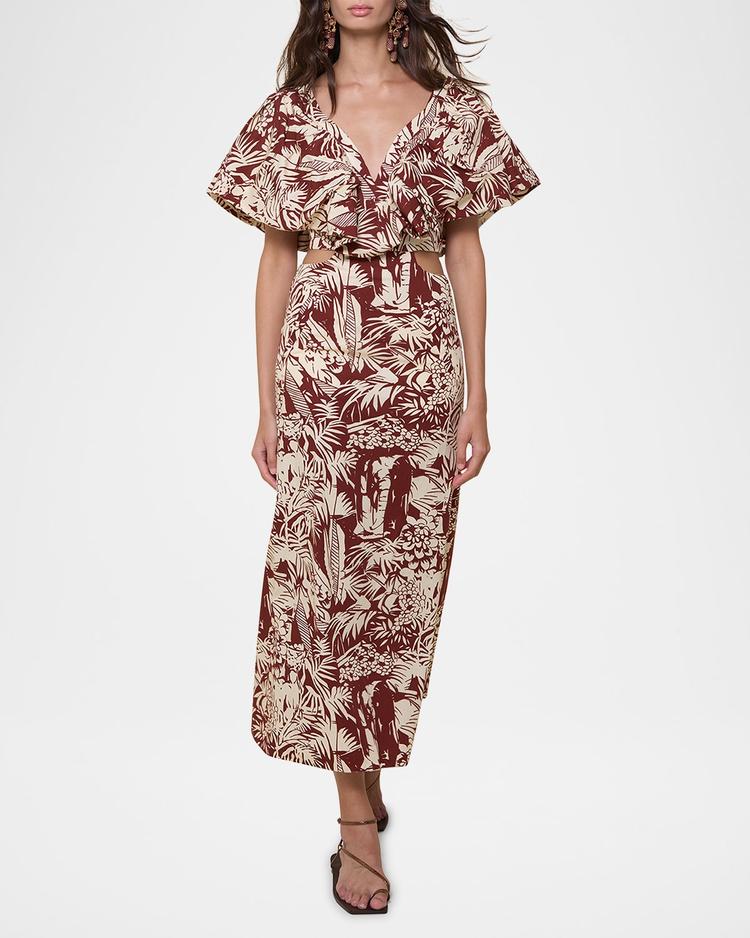 eternal jungle ruffle cutout ankle dress