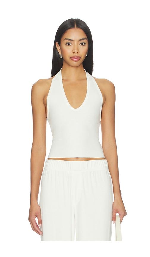 eterne cropped halter top in cream.