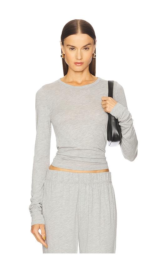 eterne fitted crewneck long sleeve top in grey.