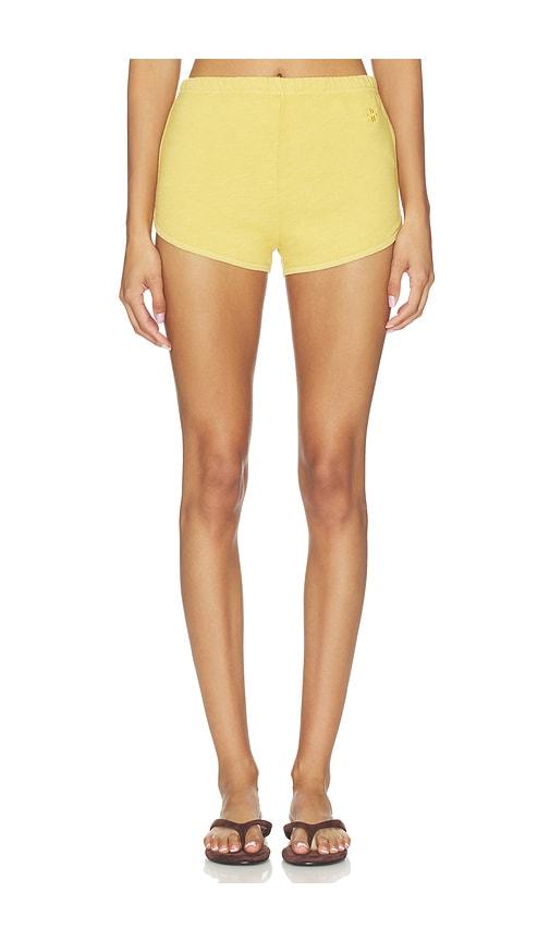 eterne lightweight french terry mini track short in mustard.