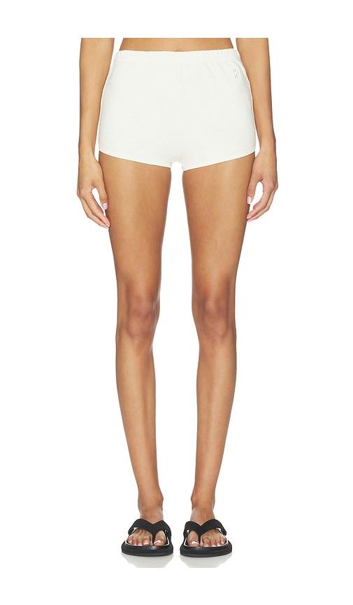 eterne lightweight french terry mini track short in white.
