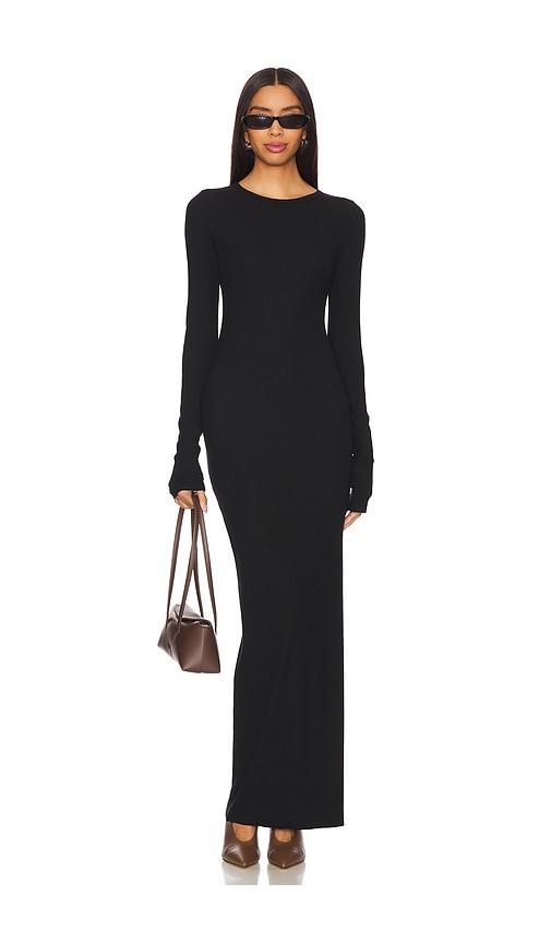 eterne long sleeve crewneck maxi dress in black.