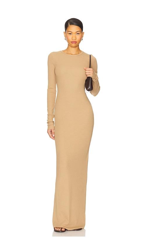 eterne long sleeve crewneck maxi dress in taupe.