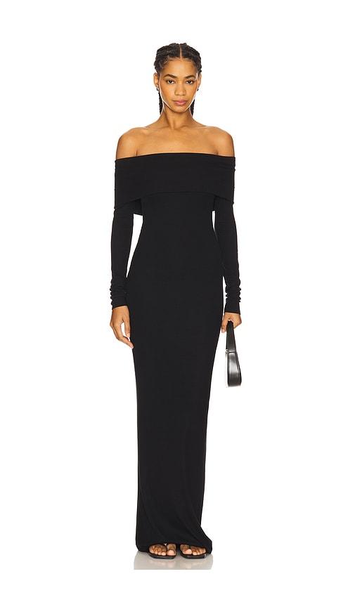 eterne long sleeve off-shoulder butter rib maxi dress in black.
