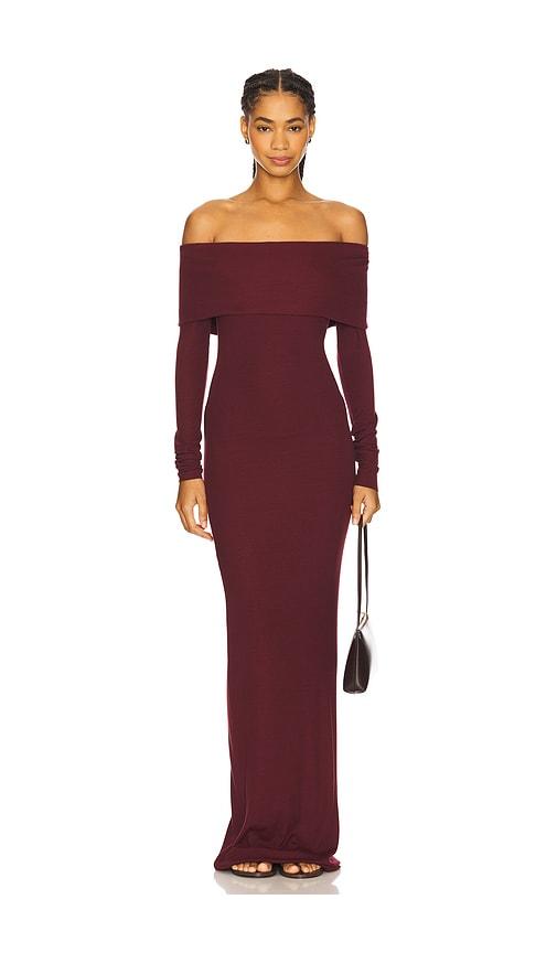 eterne long sleeve off-shoulder butter rib maxi dress in wine.