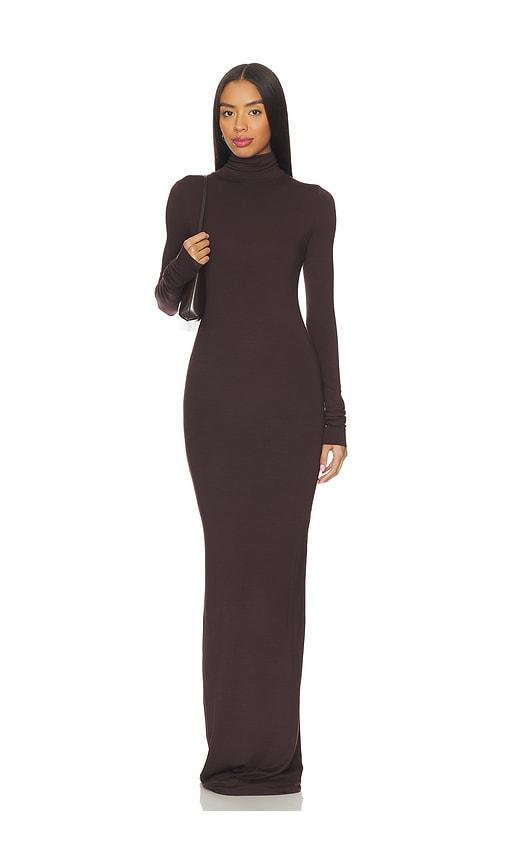 eterne long sleeve turtleneck soft jersey maxi dress in brown.