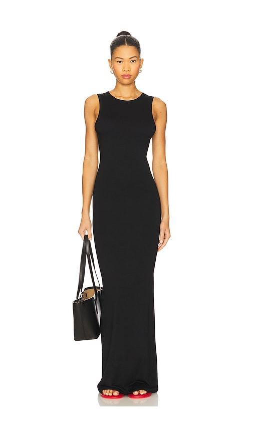 eterne sleeveless crewneck soft jersey maxi dress in black.