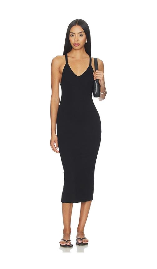 eterne v-neck racerback midi dress in black.