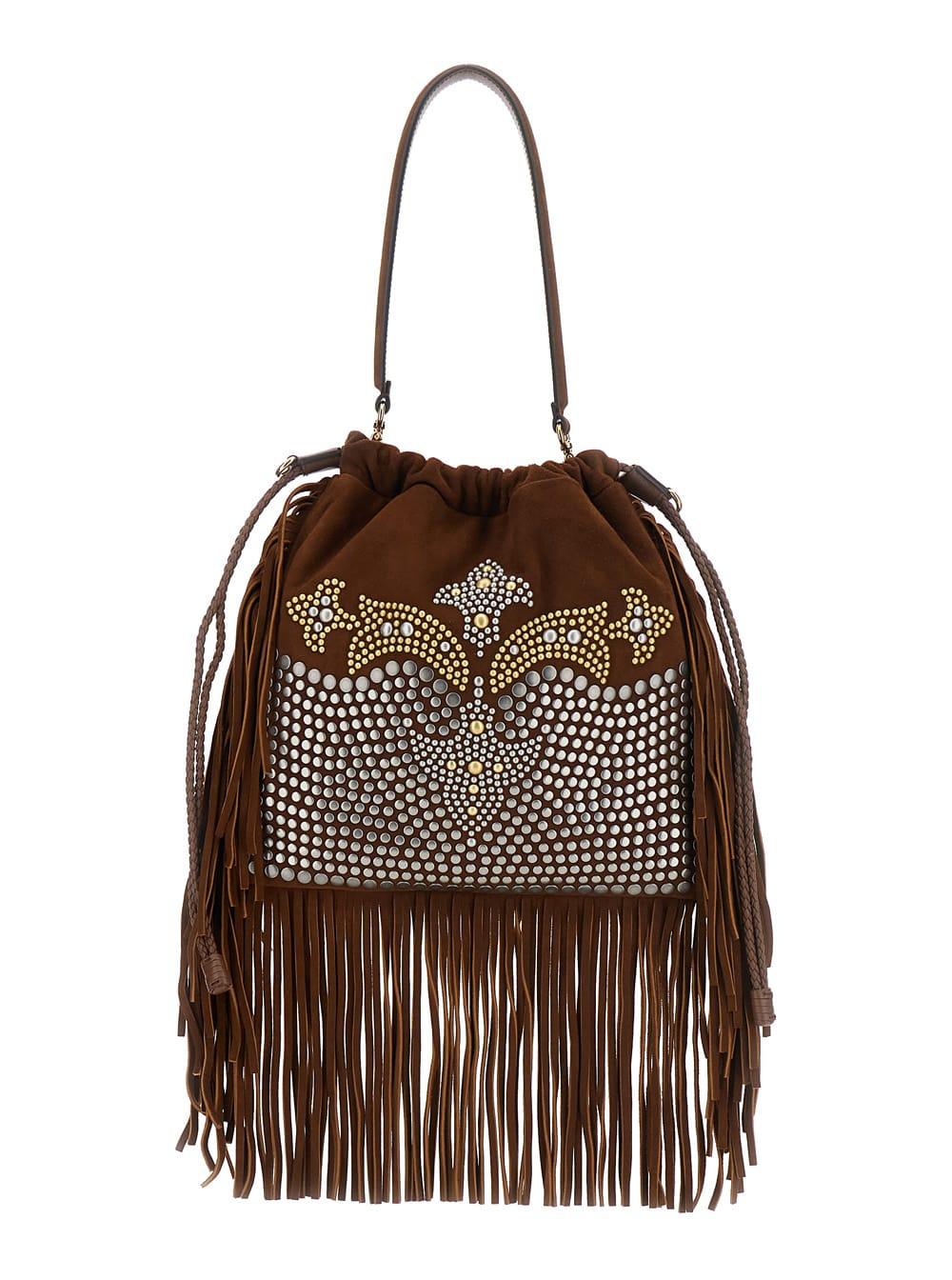 etro brown shoulder bag with drawstring closure and maxi fringes in leather for women