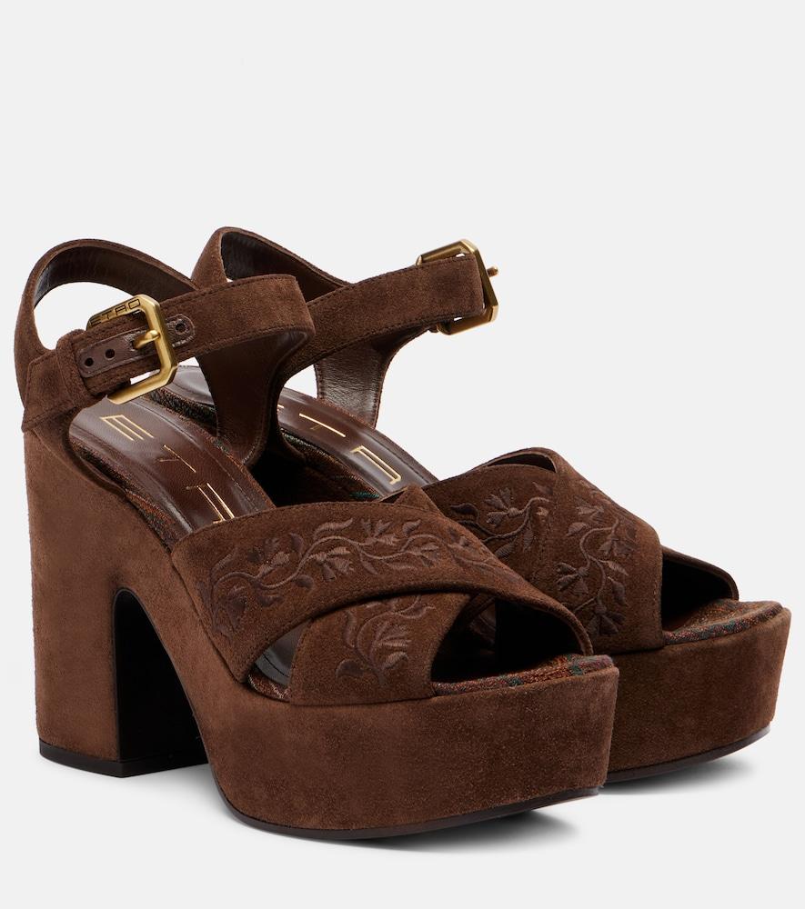 etro floral embroidered suede platform sandals