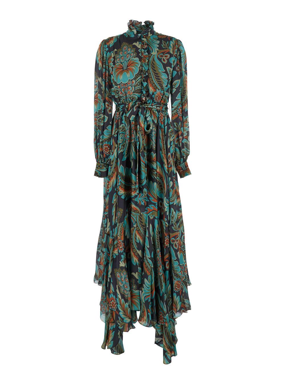 etro multicolor long dress with self-tie belt and all-over floral print in silk woman