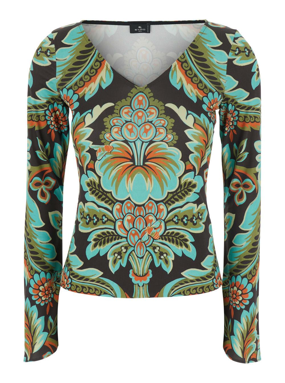etro multicolor v-neck top with all-over floral print in viscose blend woman