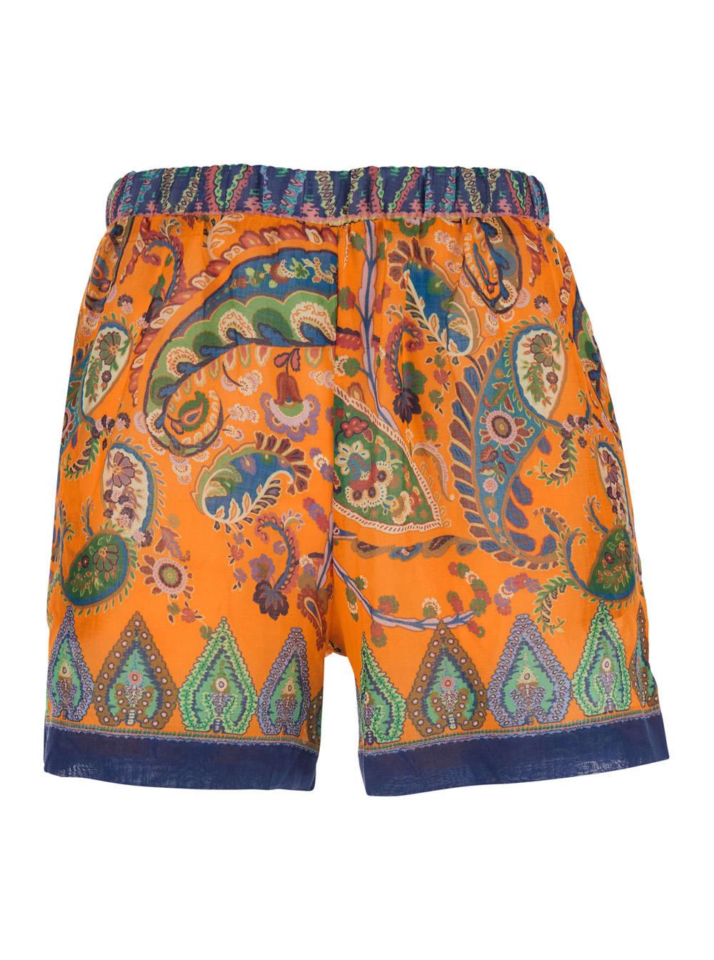 etro orange shorts with elasticated waist and all-over print in tech fabric for women