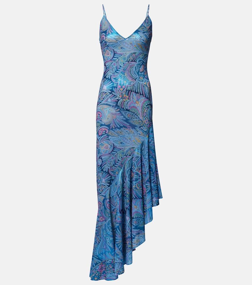 etro paisley asymmetric ruffled midi dress