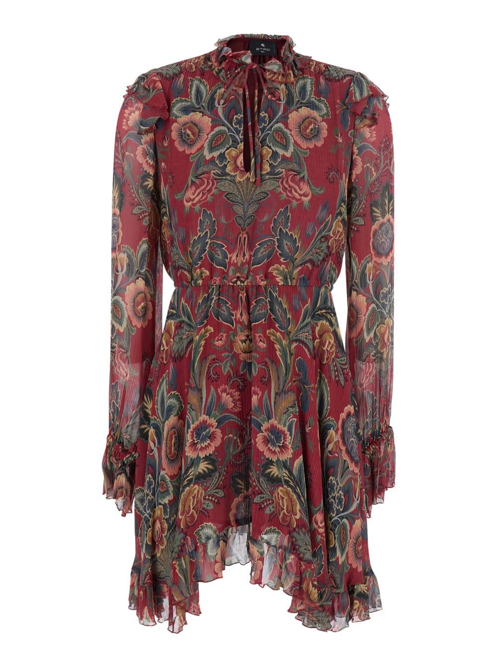 etro red ruched mini dress with all-over floral print in viscose blend woman