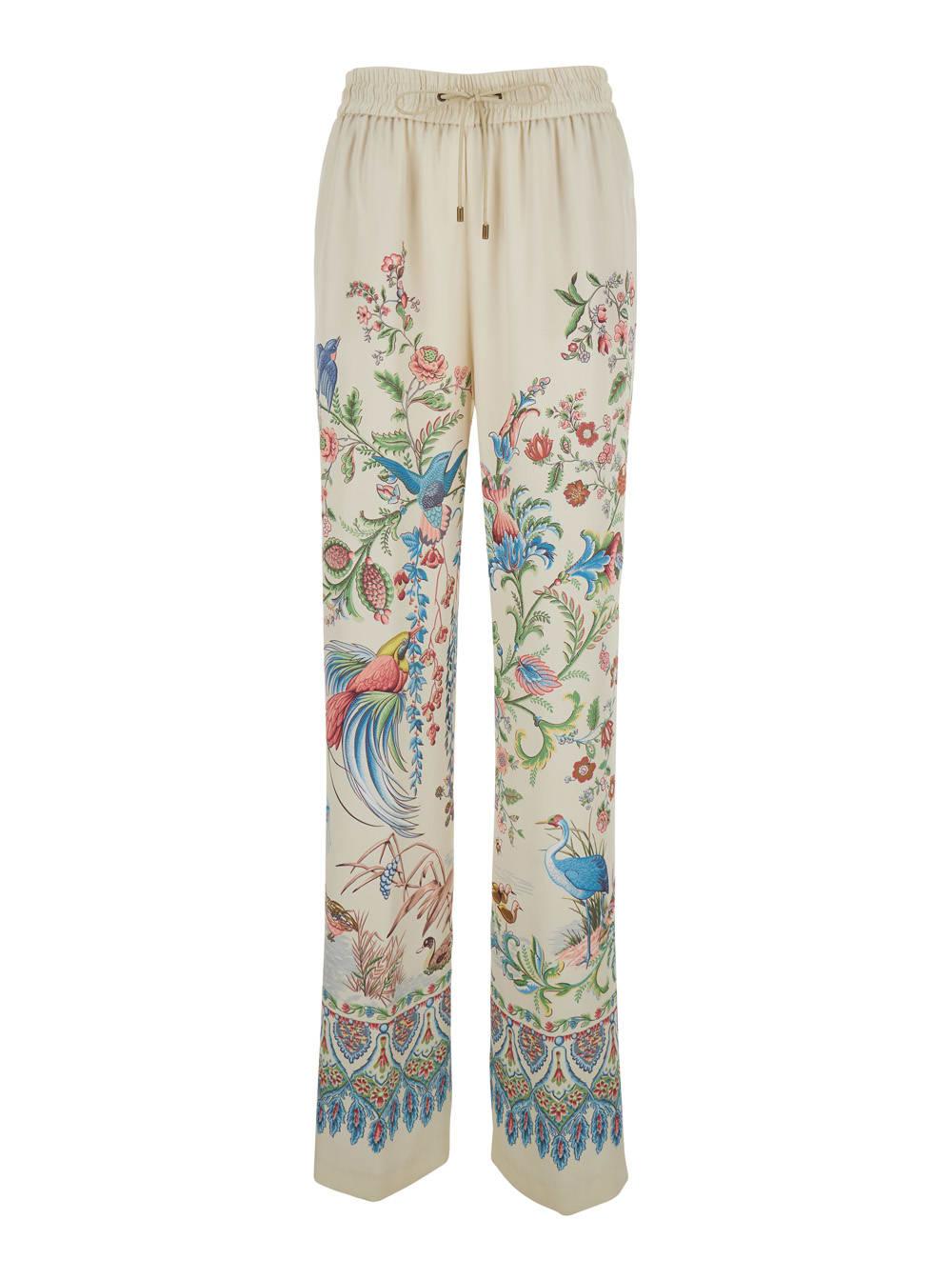 etro white pants with elastic waist and drawstring and all-over floral print in tech fabric for women