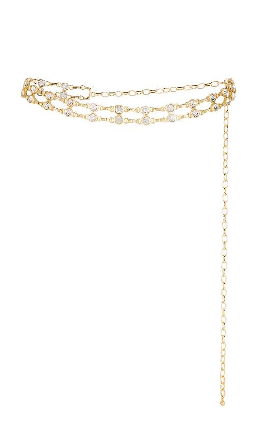 ettika double crystal chain link belt in metallic gold.