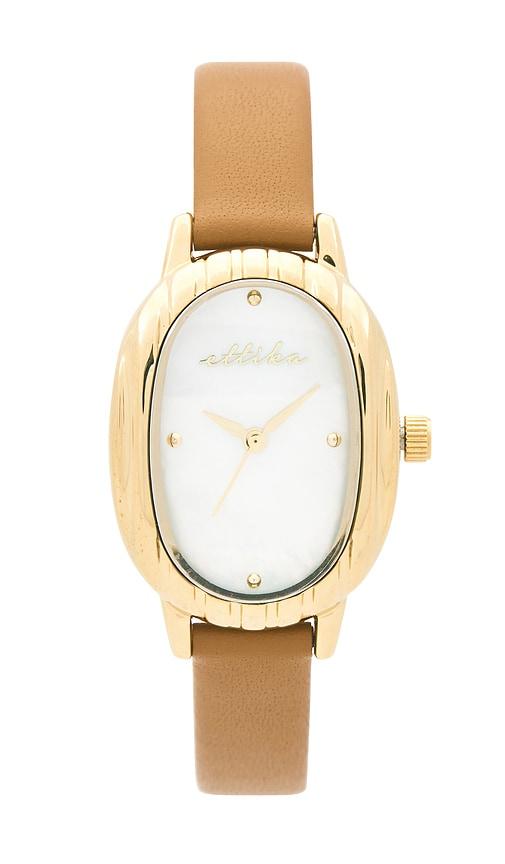 ettika harper timeless texture leather watch in tan.
