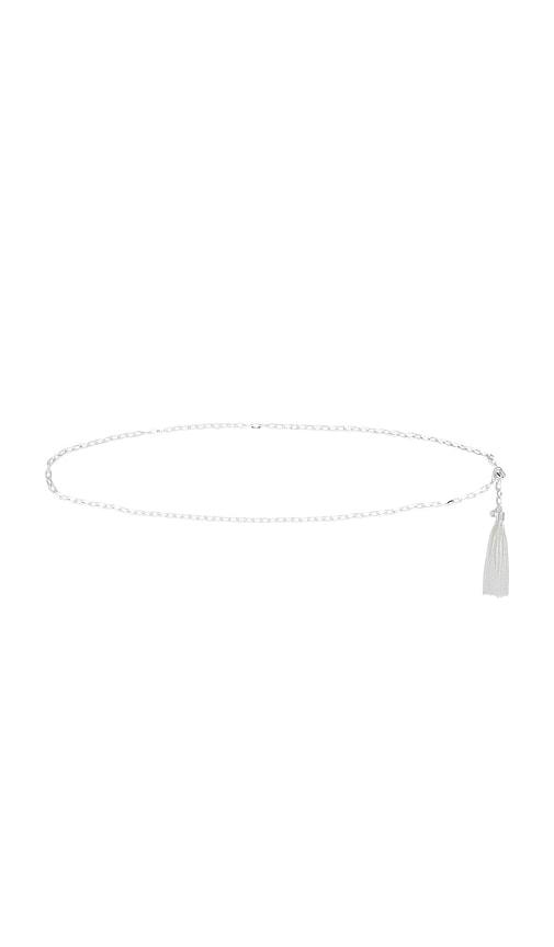 ettika simple tassel chain belt in metallic silver.