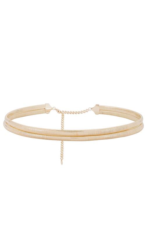 ettika wrap around flex snake chain belt in metallic gold.
