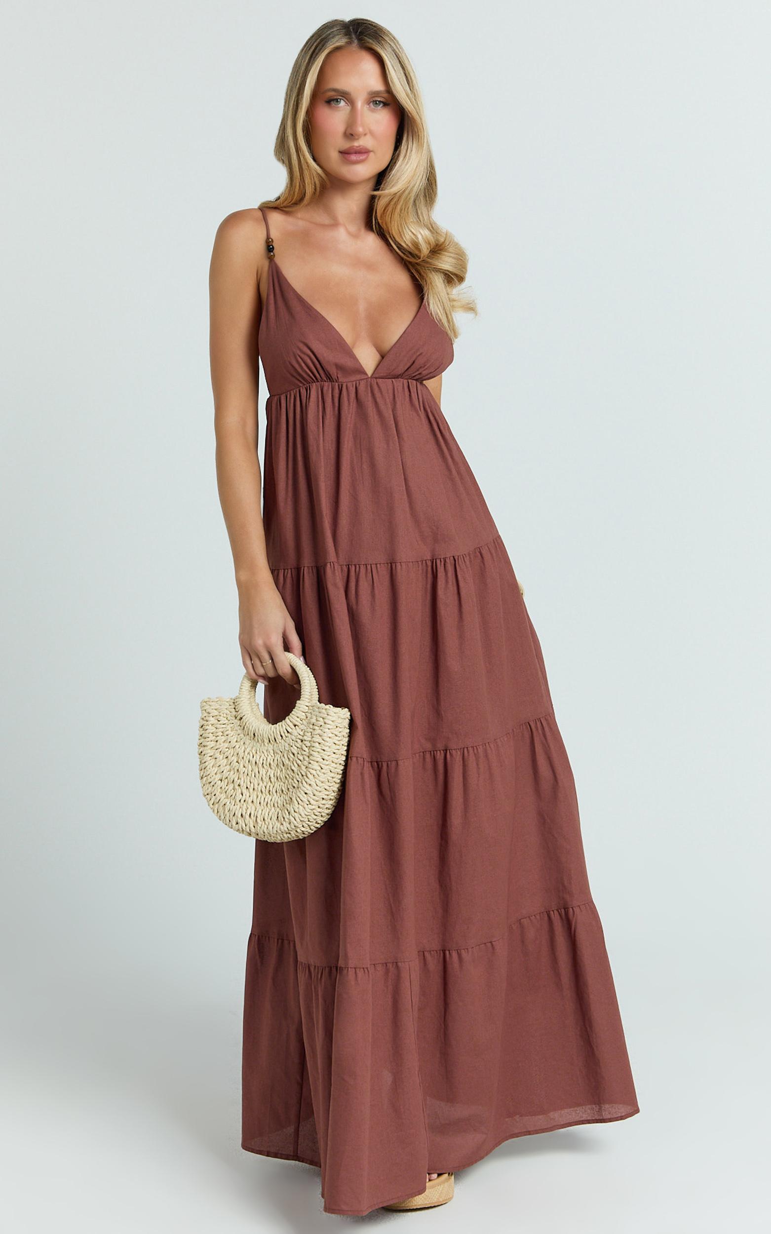 eugene maxi dress - beaded strap tiered maxi dress in brown