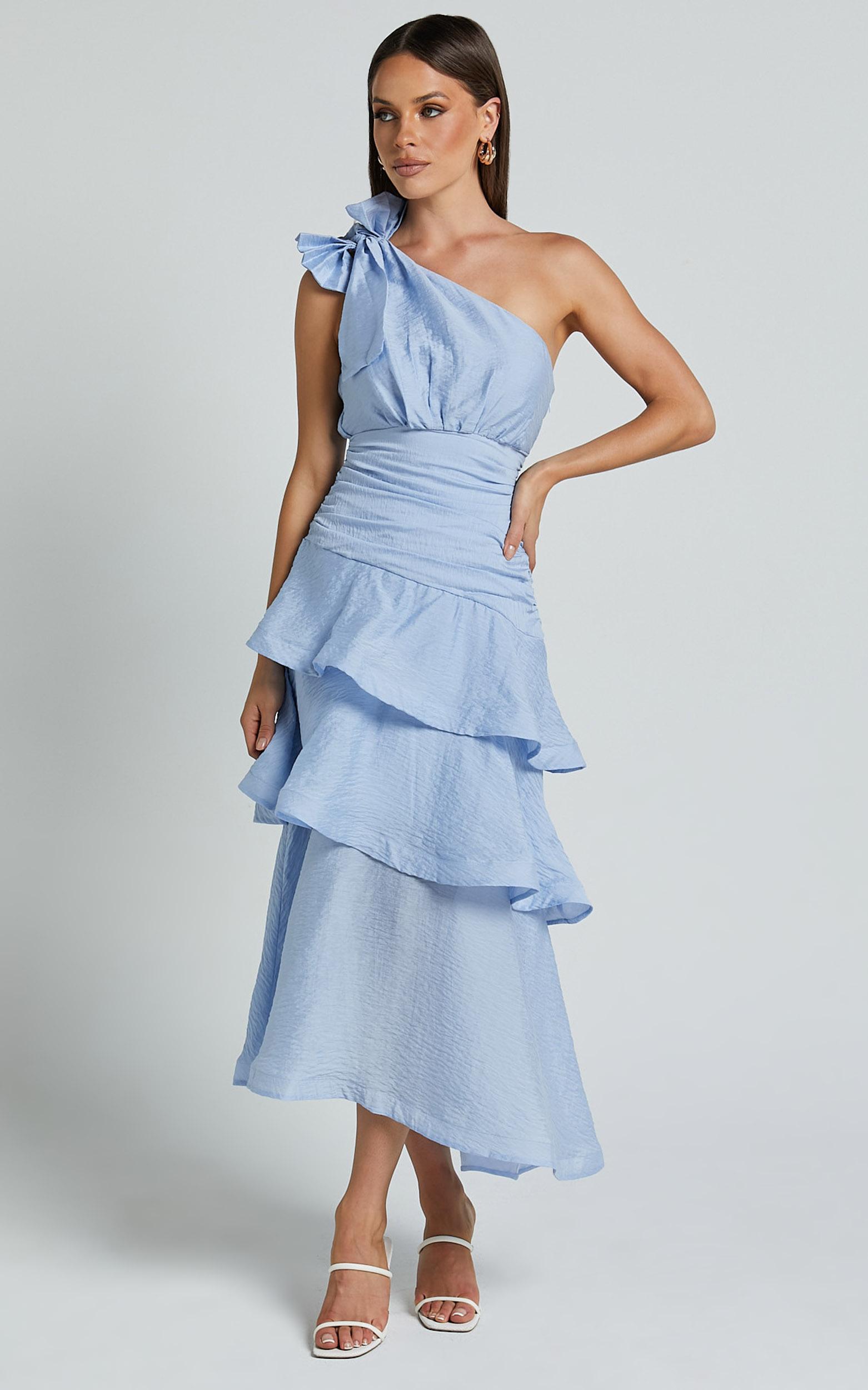 eugenia midi dress - one shoulder fit and flare layered dress in pale blue