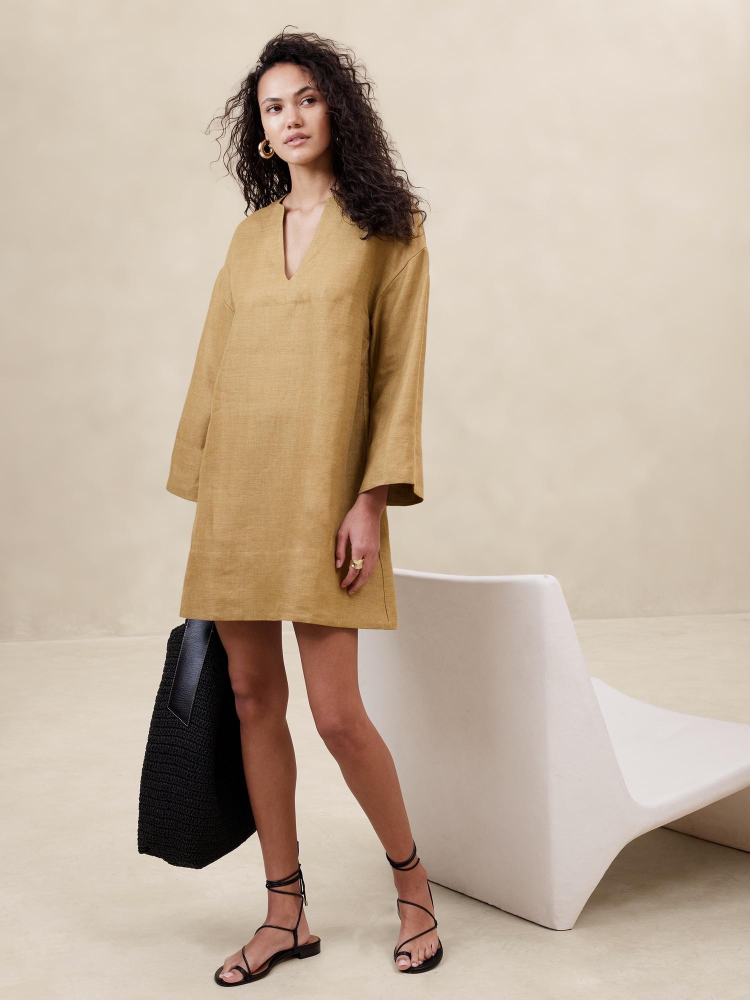 european linen kaftan mini dress