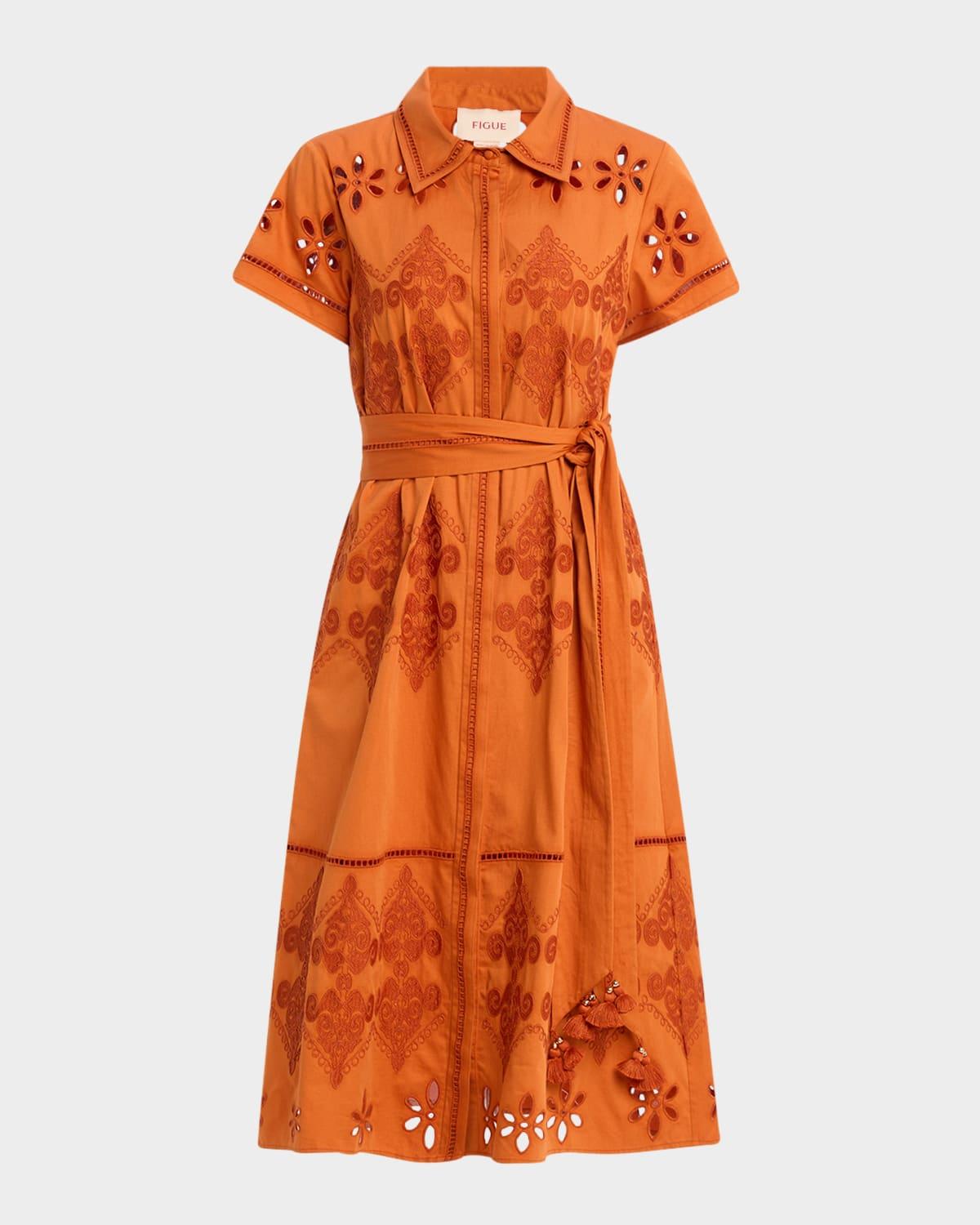 eva broderie anglaise belted midi shirtdress