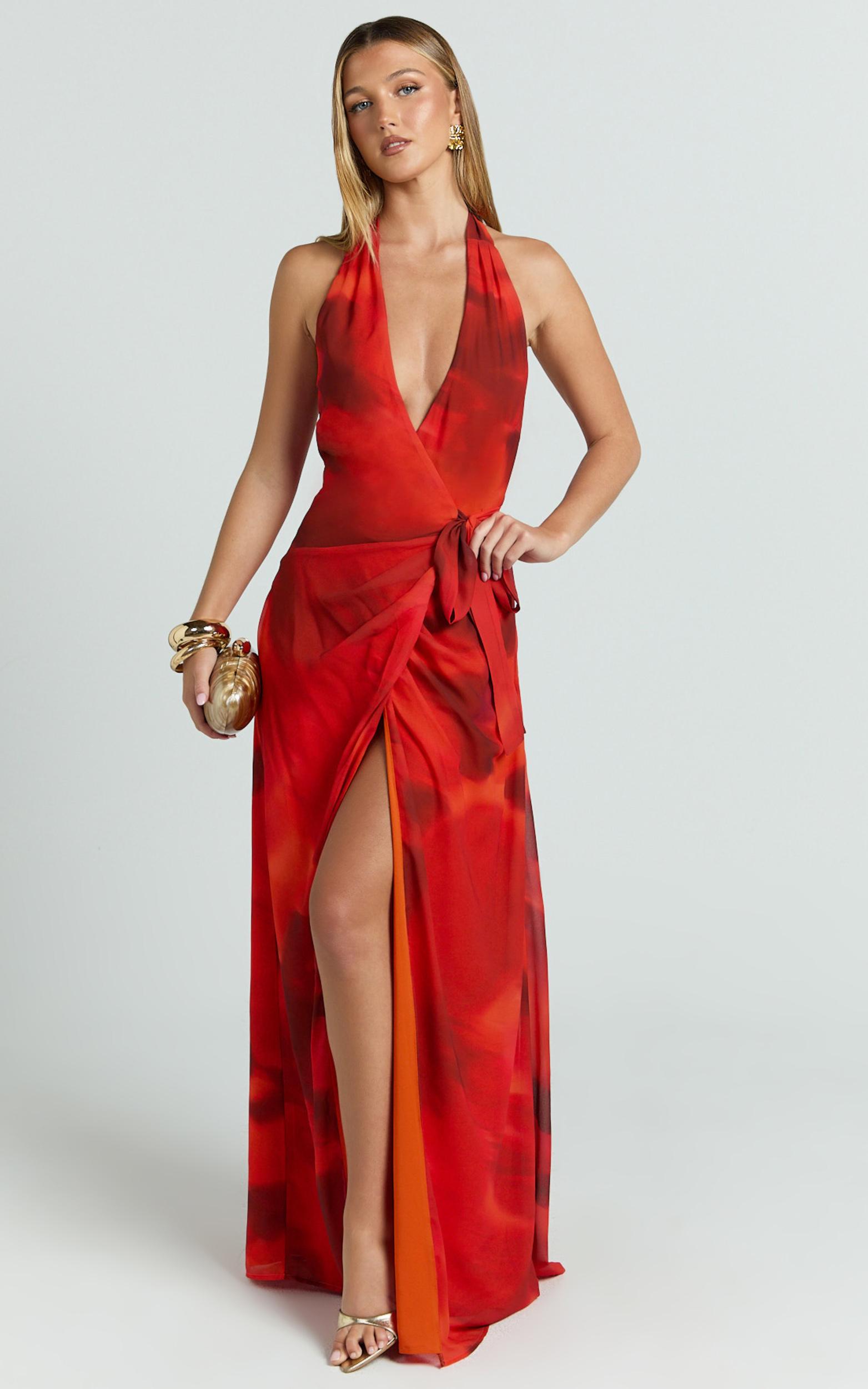 eva maxi dress - plunge halter wrap dress in abstract adeana print