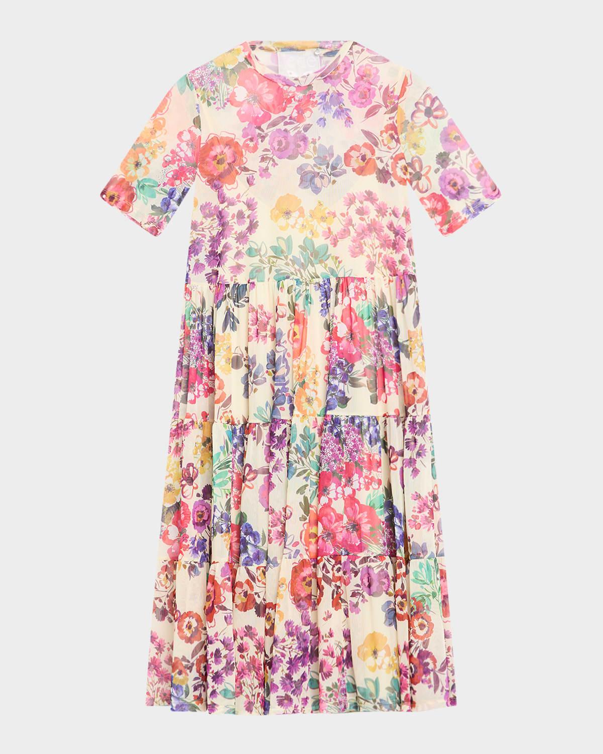 evalon tiered floral-print mesh dress