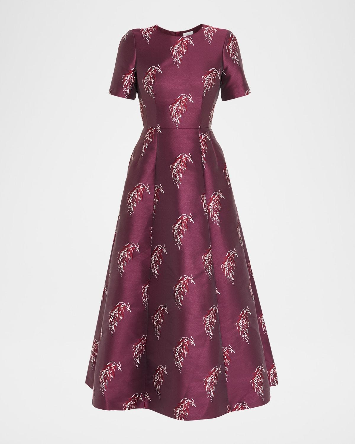 evangeline silk jacquard fit-&-flare midi dress