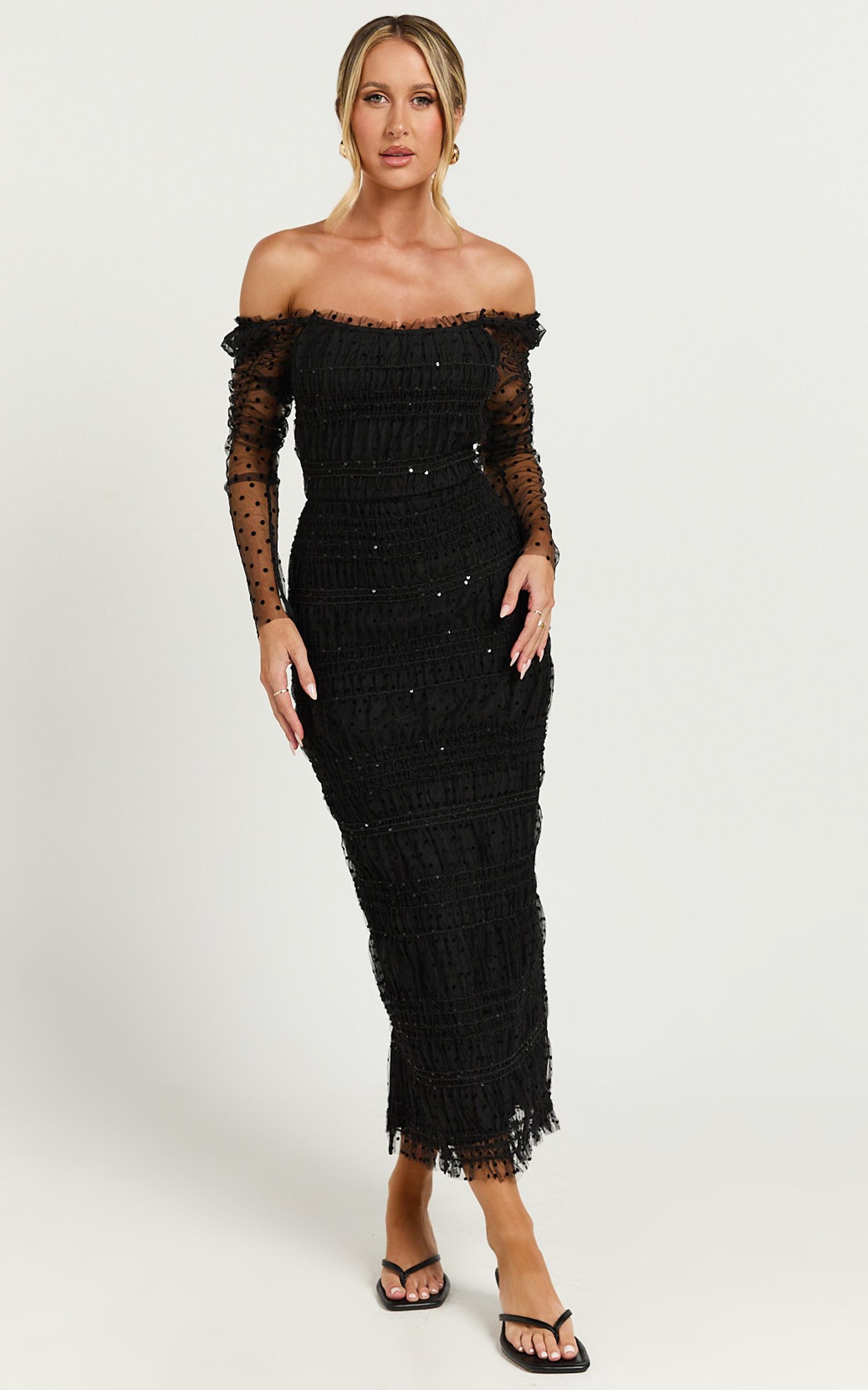 evelyn midi dress - long sleeve shirred tulle dress in black polka