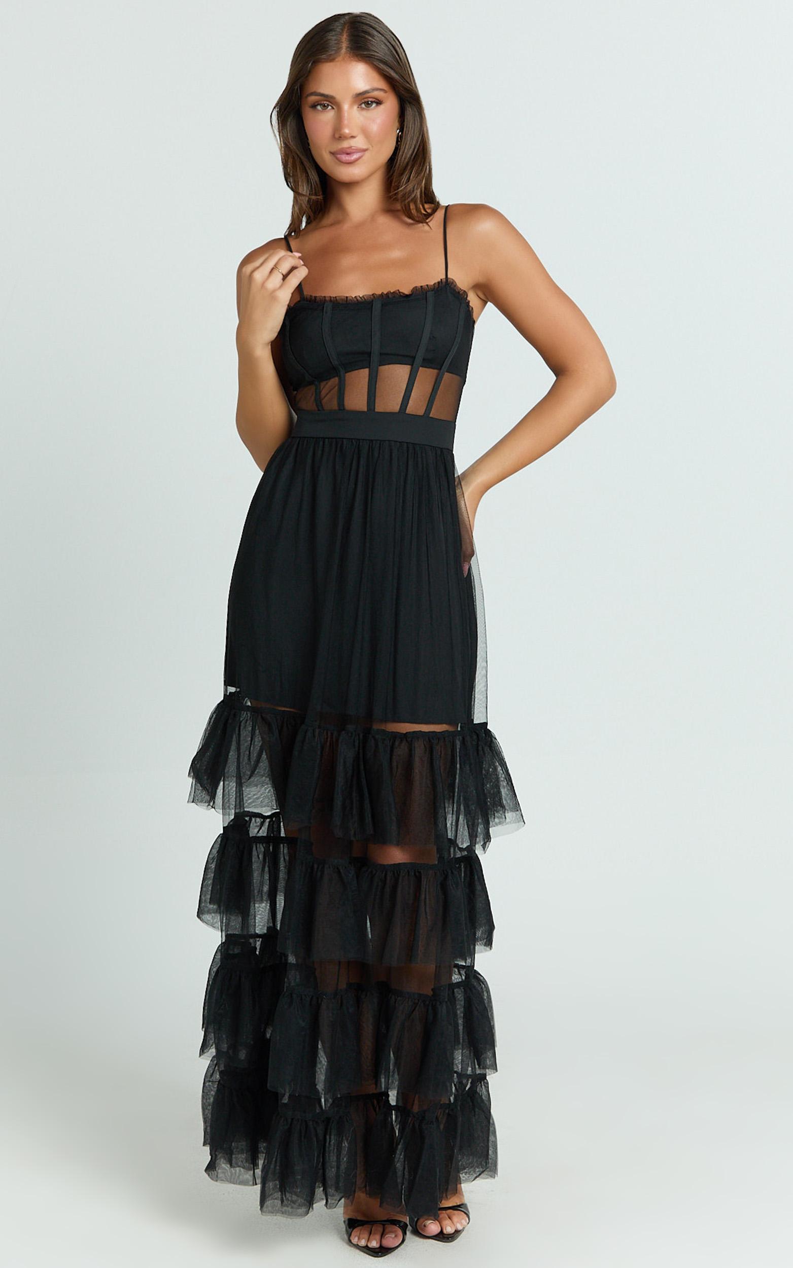 evelynn midi dress - sweetheart corset bodice fit & flare tiered in black