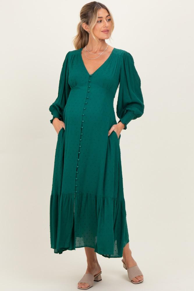 evergreen swiss dot button down maternity maxi dress