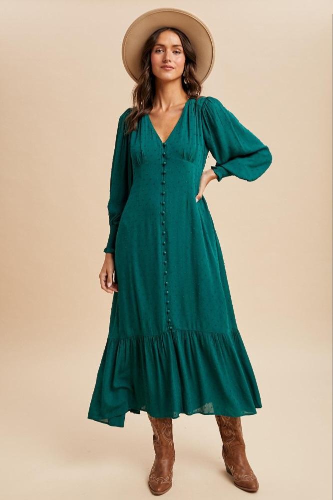 evergreen swiss dot button down maxi dress
