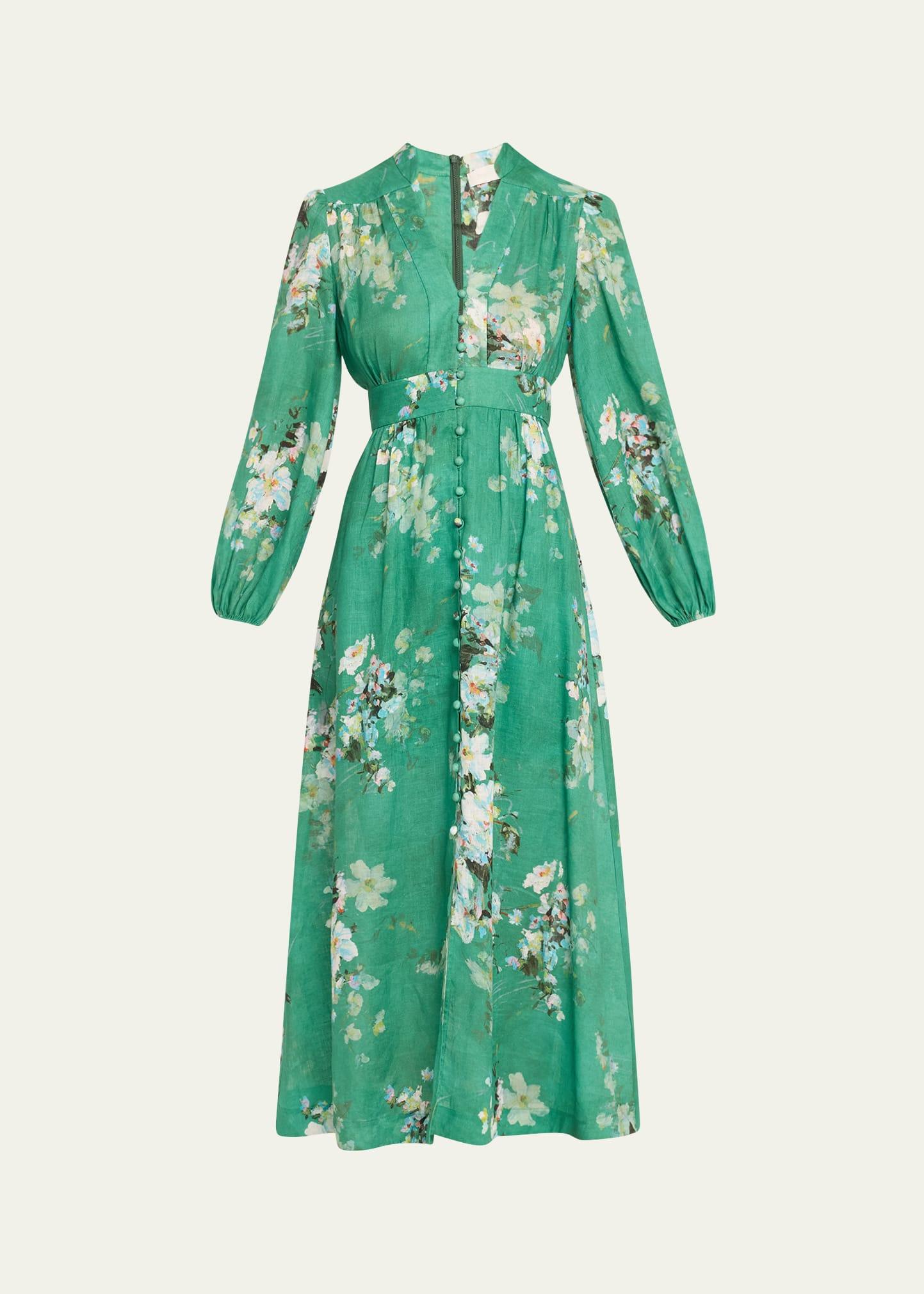everley floral linen midi dress, green