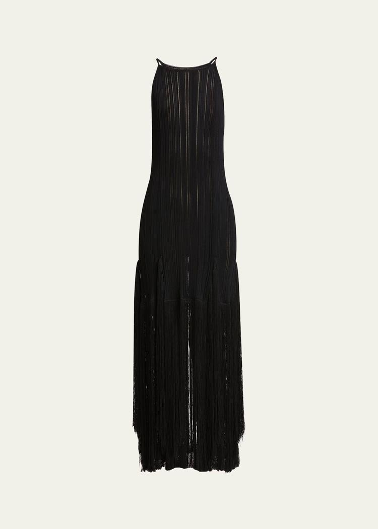 everly long viscose fringe knit dress